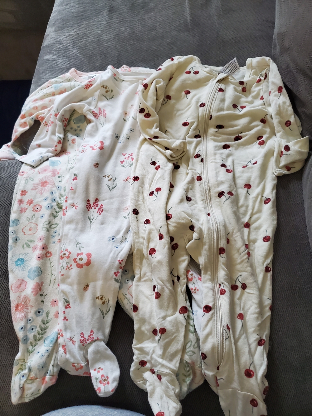 3-6 Months One-Piece Sleepers - Cream with Cherry & Floral Prints